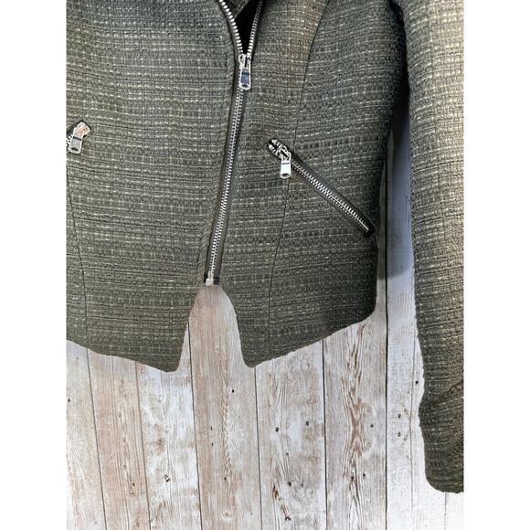 H&M Moto Jacket Womens 2 Olive Green Tweed Asymmetrical Zip Cropped Blazer - Picture 5 of 7